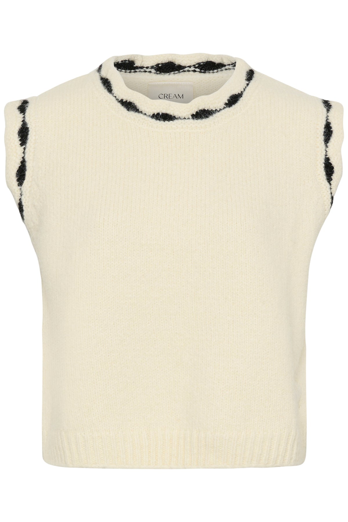 Women's cream sleeveless knit sweater vest with black trim at crew neck and armholes, front view
