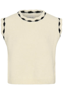 Veste sans manches en tricot crème avec bordure noire au col rond et aux emmanchures pour femme par Cream, vue de face
