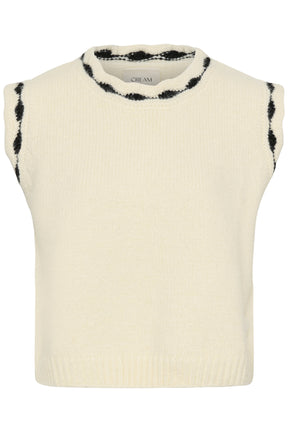 Veste sans manches en tricot crème avec bordure noire au col rond et aux emmanchures pour femme par Cream, vue de face