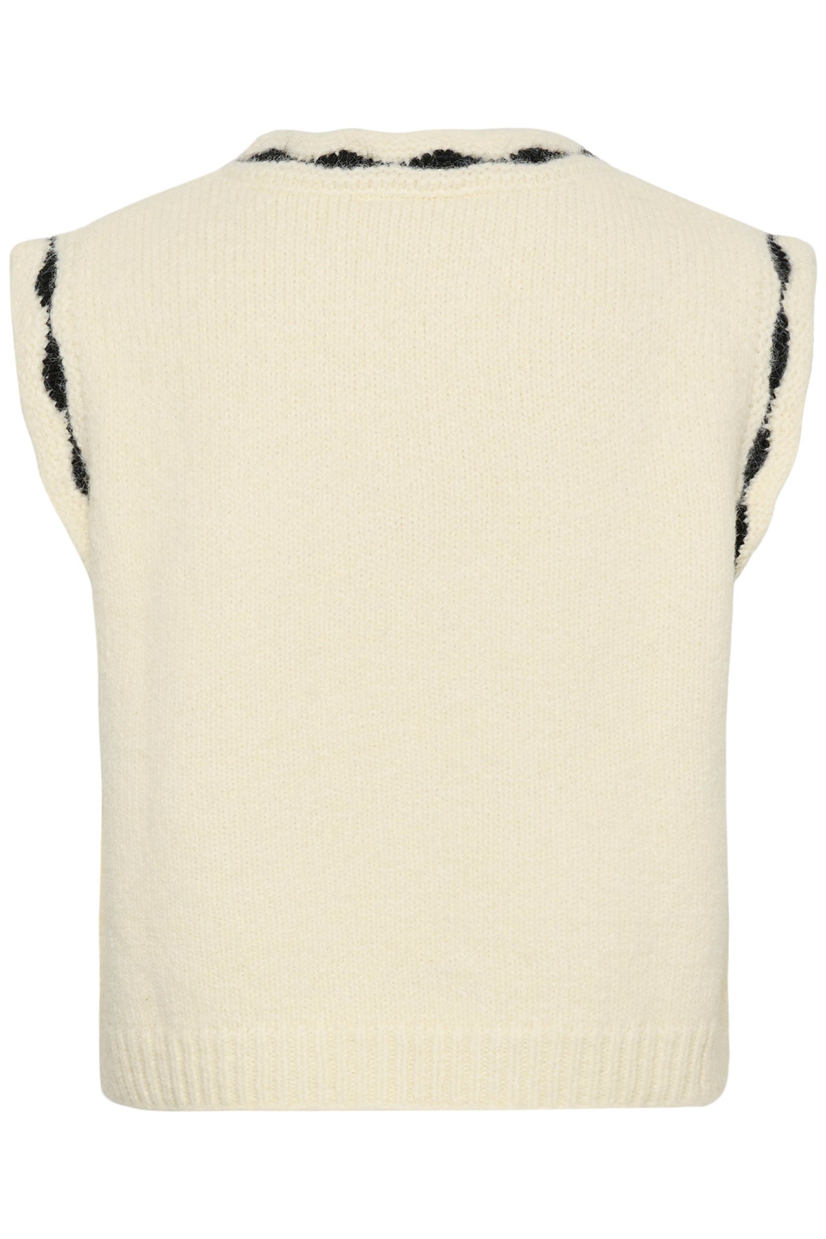 Women's cream sleeveless knit sweater vest with black trim at neck and armholes, back view