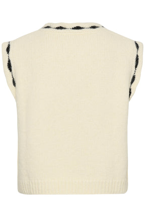 Vue de dos du veste sans manches en tricot crème avec bordure noire au col et aux emmanchures pour femme par Cream