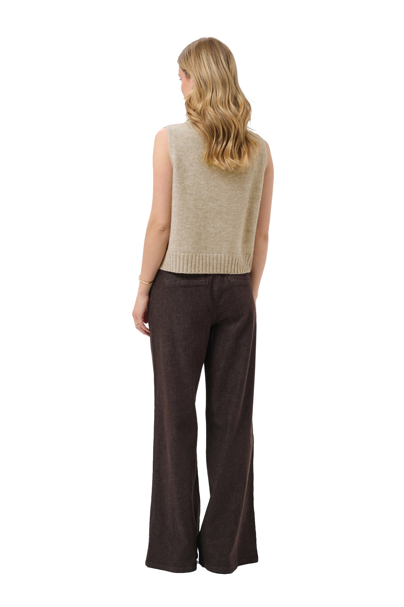 Veste sans manches avoine, dos en tricot uni et ourlet côtelé pour femme par Cream, vue de dos