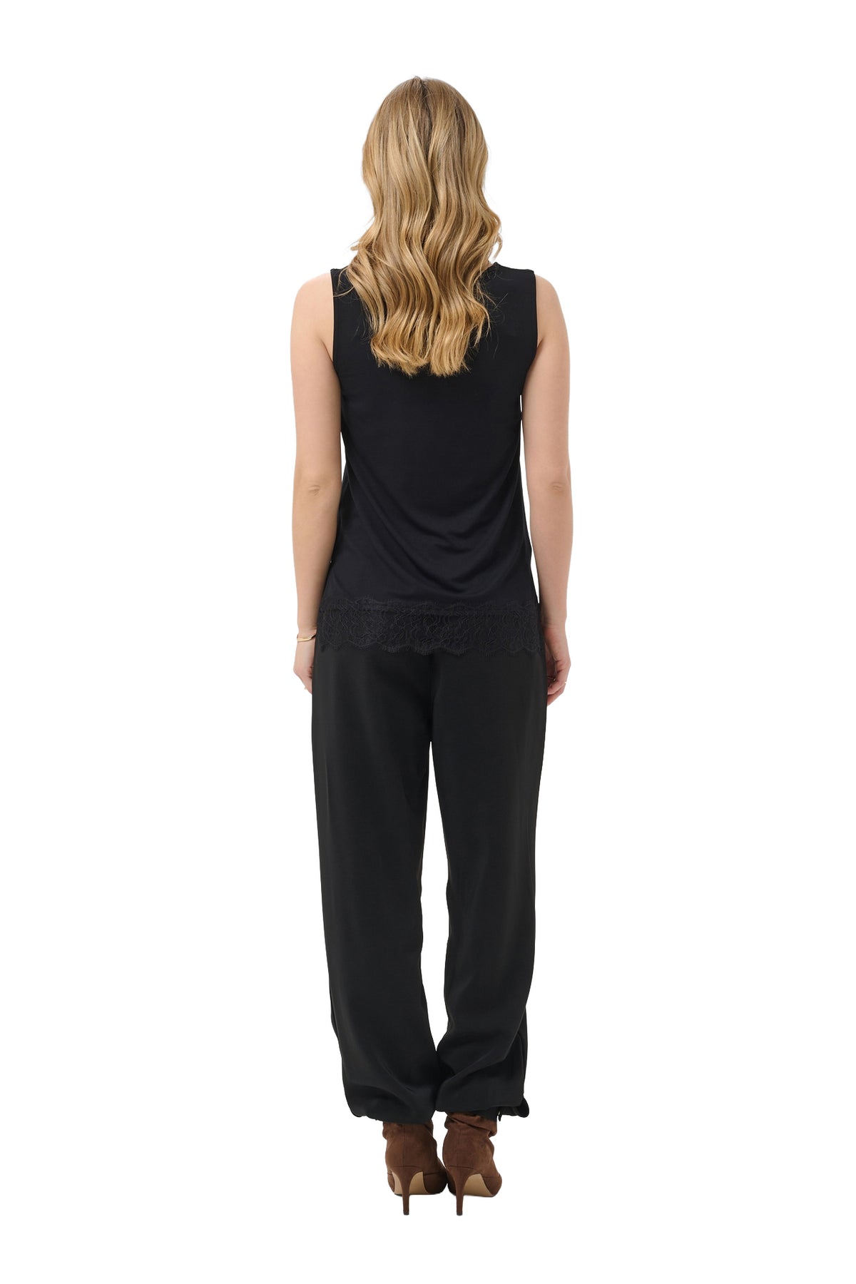 Cream women's black sleeveless camisole back view with straight shape and lace-trim hem