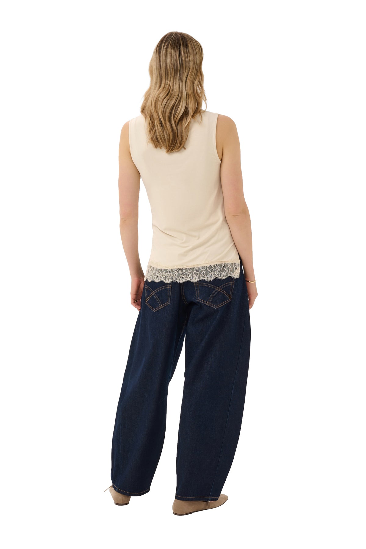 Cream women's ivory sleeveless camisole with plain back and scalloped lace hem shown from the back