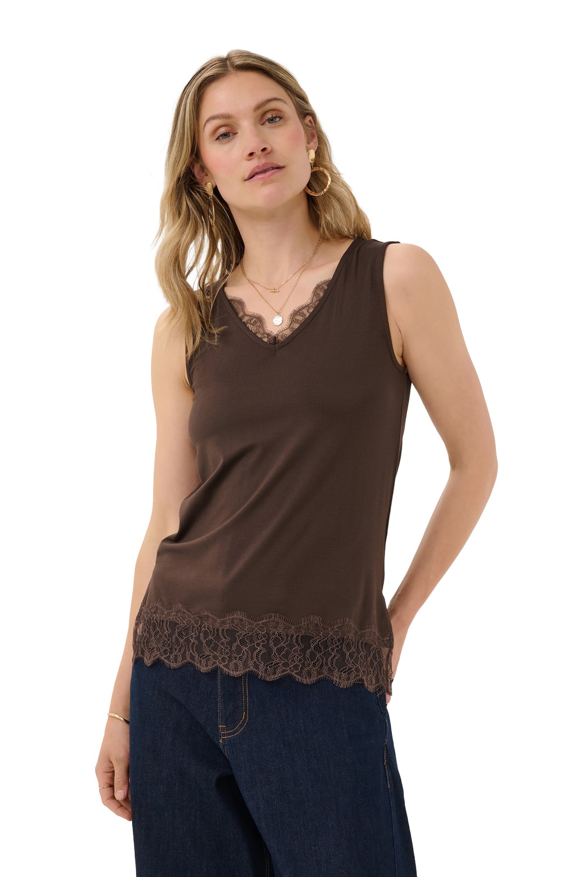 Women's front close model view of dark brown V-neck sleeveless tank top with floral lace neckline and hem by Cream