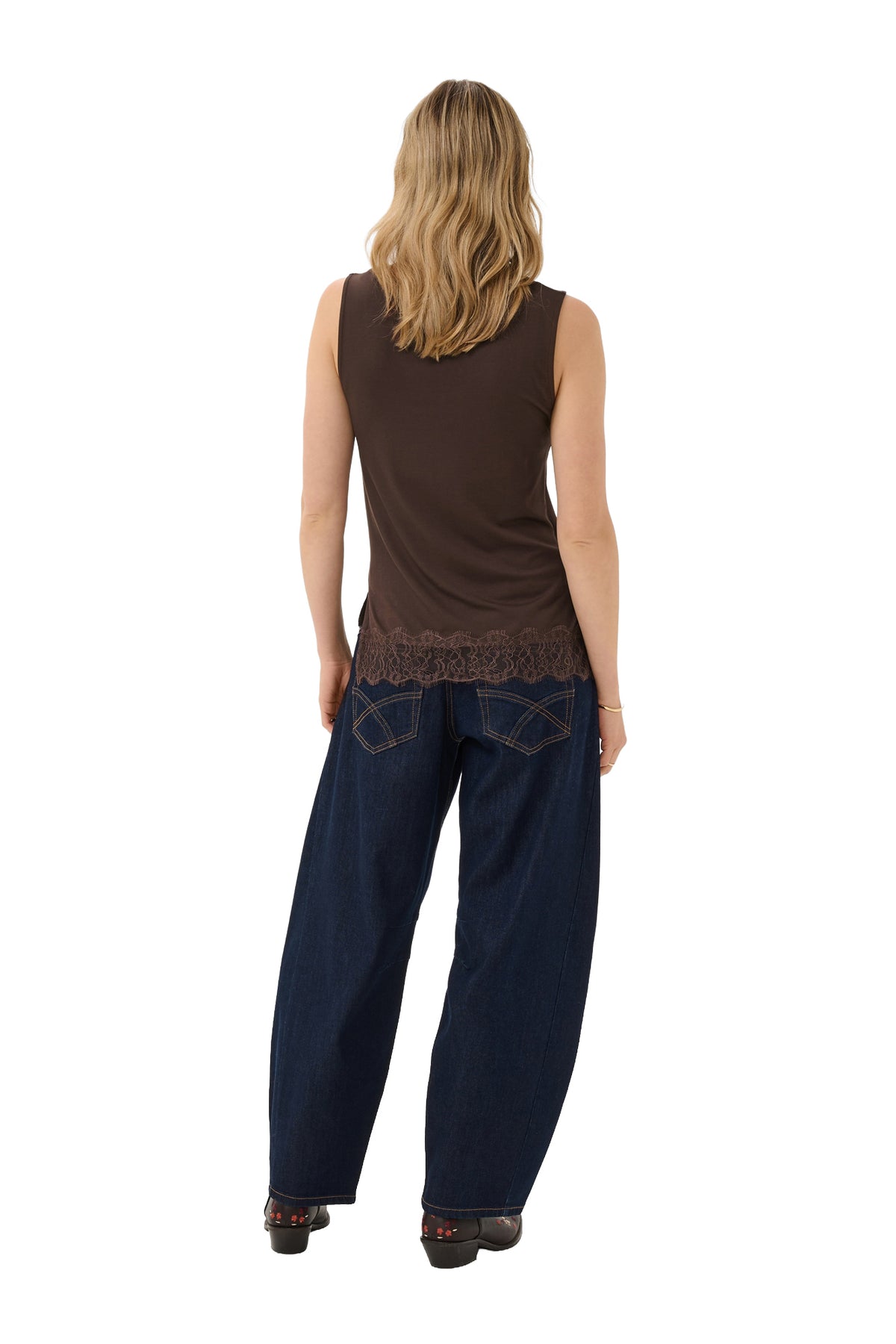 Cream women's dark brown sleeveless tank top with plain back and floral lace hem shown from the back