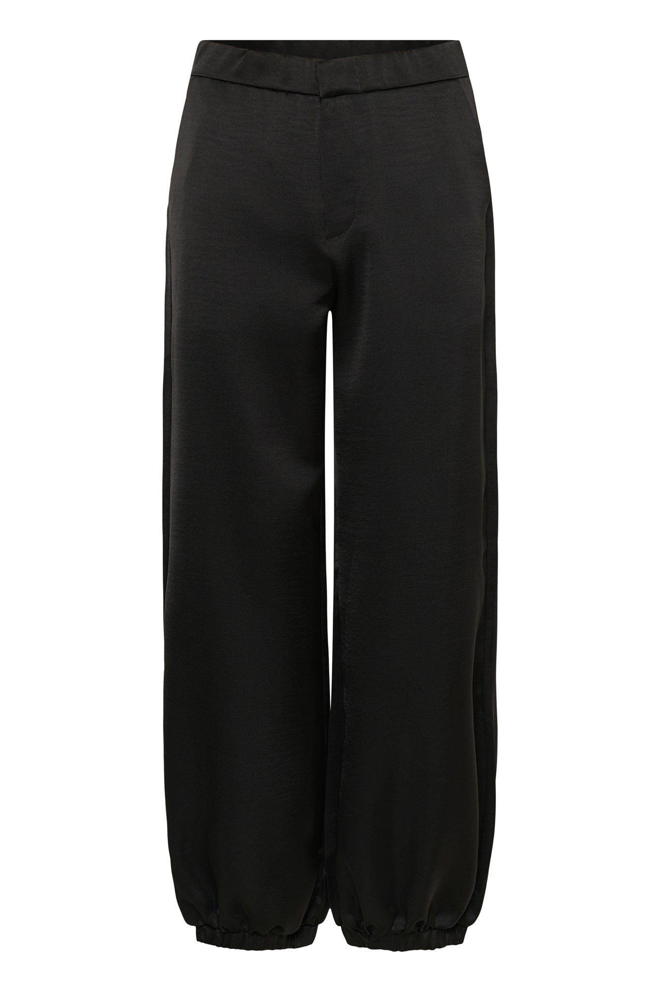 Cream women's black satin-look jogger pants with fly seam and elastic ankle hems, isolated front view