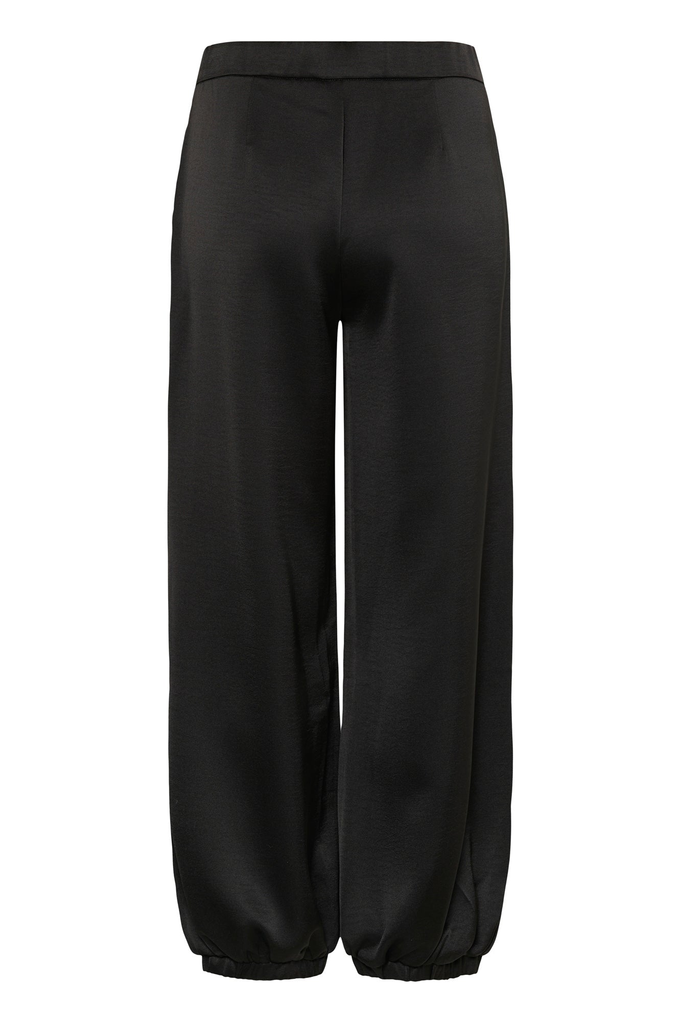 Cream women's black satin-look jogger pants with flat waistband and gathered hems shown from the back