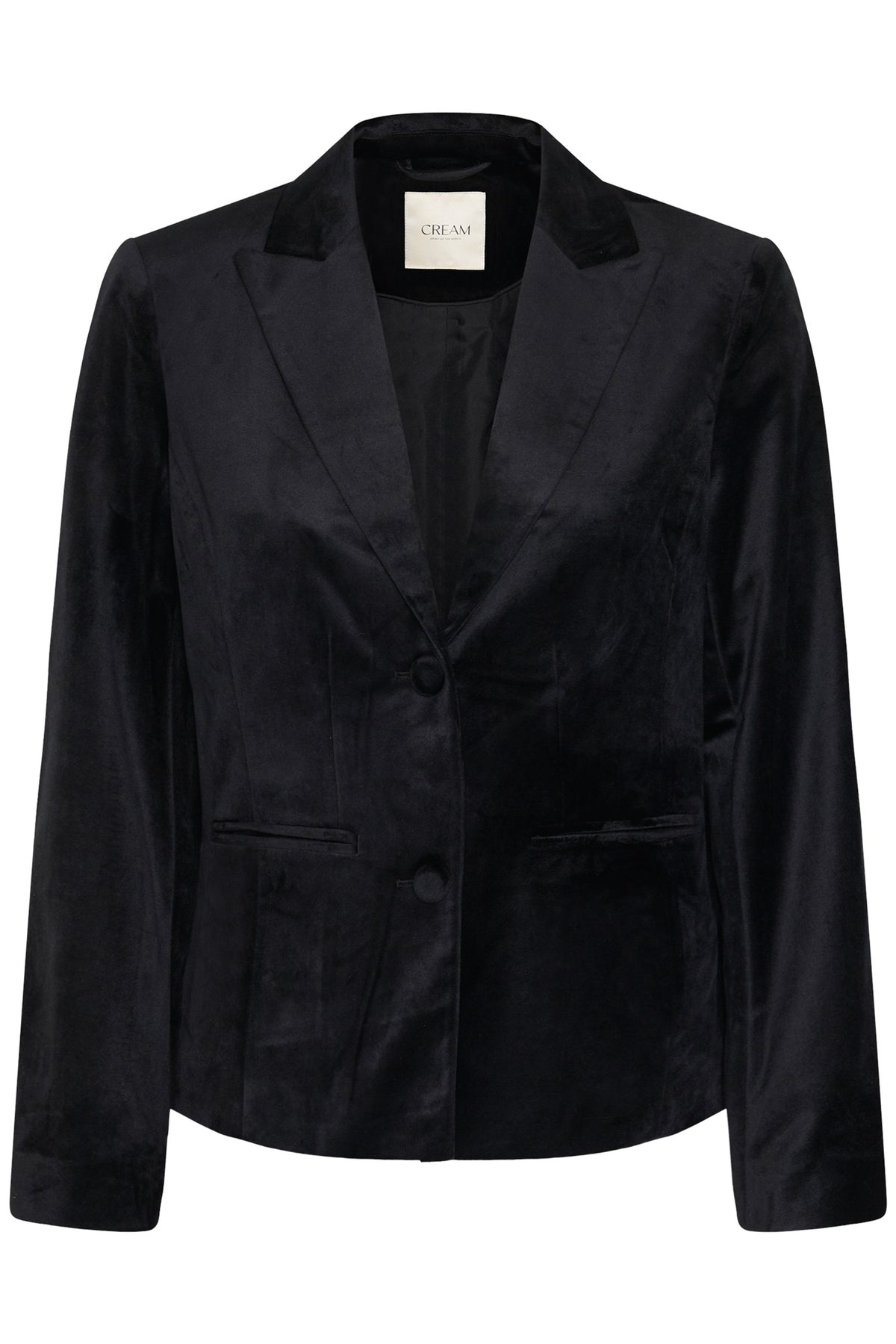 Cream women's black velvet-finish blazer with notched lapels, two buttons and welt pockets shown from the front