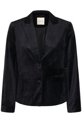 Cream women's black velvet-finish blazer with notched lapels, two buttons and welt pockets shown from the front