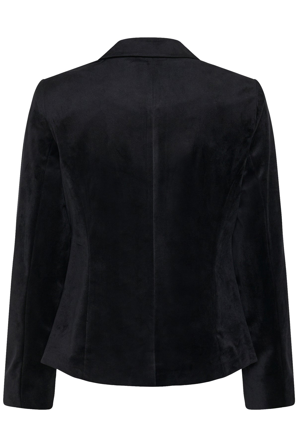 Cream women's black velvet-finish blazer with folded collar and center back seam, back view
