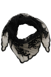 Foulard noir transparent brodé de fleurs drapé en boucle avec bordure festonnée, vue produit pour femme par Cream