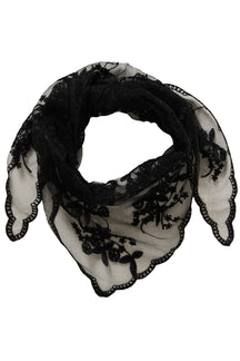 Foulard noir transparent brodé de fleurs drapé en boucle avec bordure festonnée, vue produit pour femme par Cream