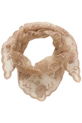 Foulard beige transparent noué en boucle avec broderie florale et bordure festonnée, vue produit pour femme par Cream