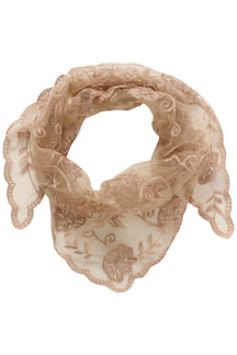 Foulard beige transparent noué en boucle avec broderie florale et bordure festonnée, vue produit pour femme par Cream