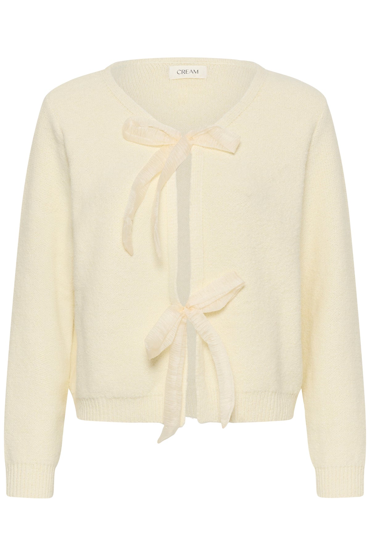 Women's ivory knit cardigan front view with two bow-tie closures and ribbed edges by Cream