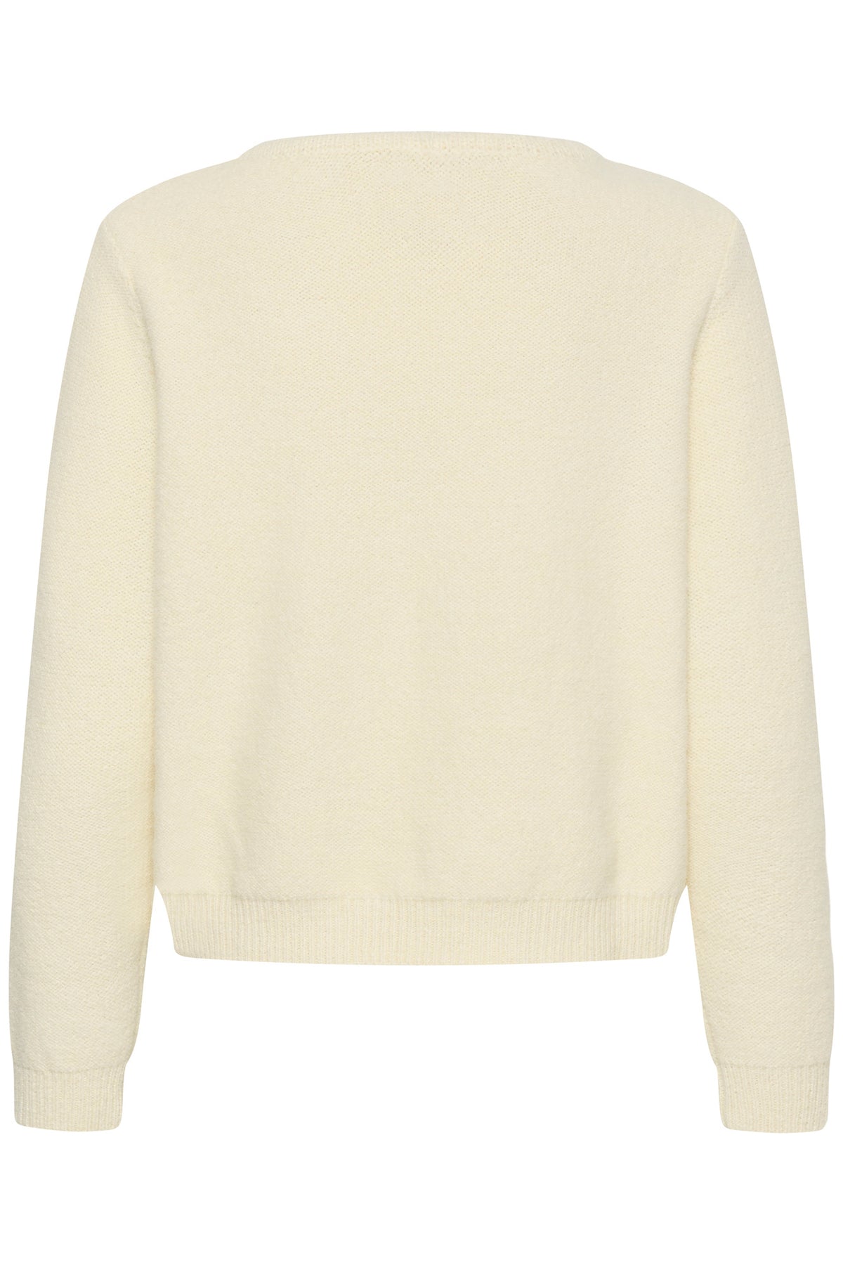 Cream women's ivory knit cardigan back view with long sleeves, fuzzy texture, and ribbed hem