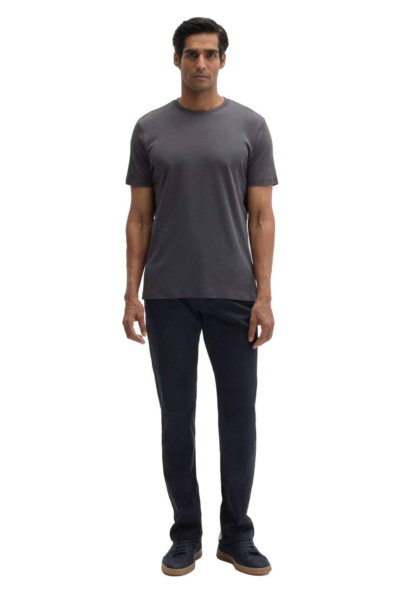 Men's full-body front view of a charcoal gray short sleeve crewneck T-Shirt with straight hem by Robert Barakett