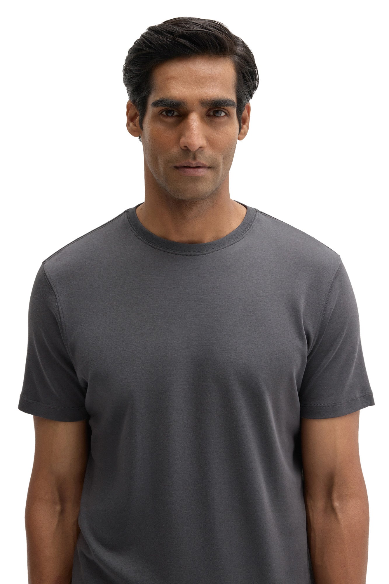 Robert Barakett men's close front view of a charcoal gray crewneck Short-sleeve T-Shirt showing ribbed collar