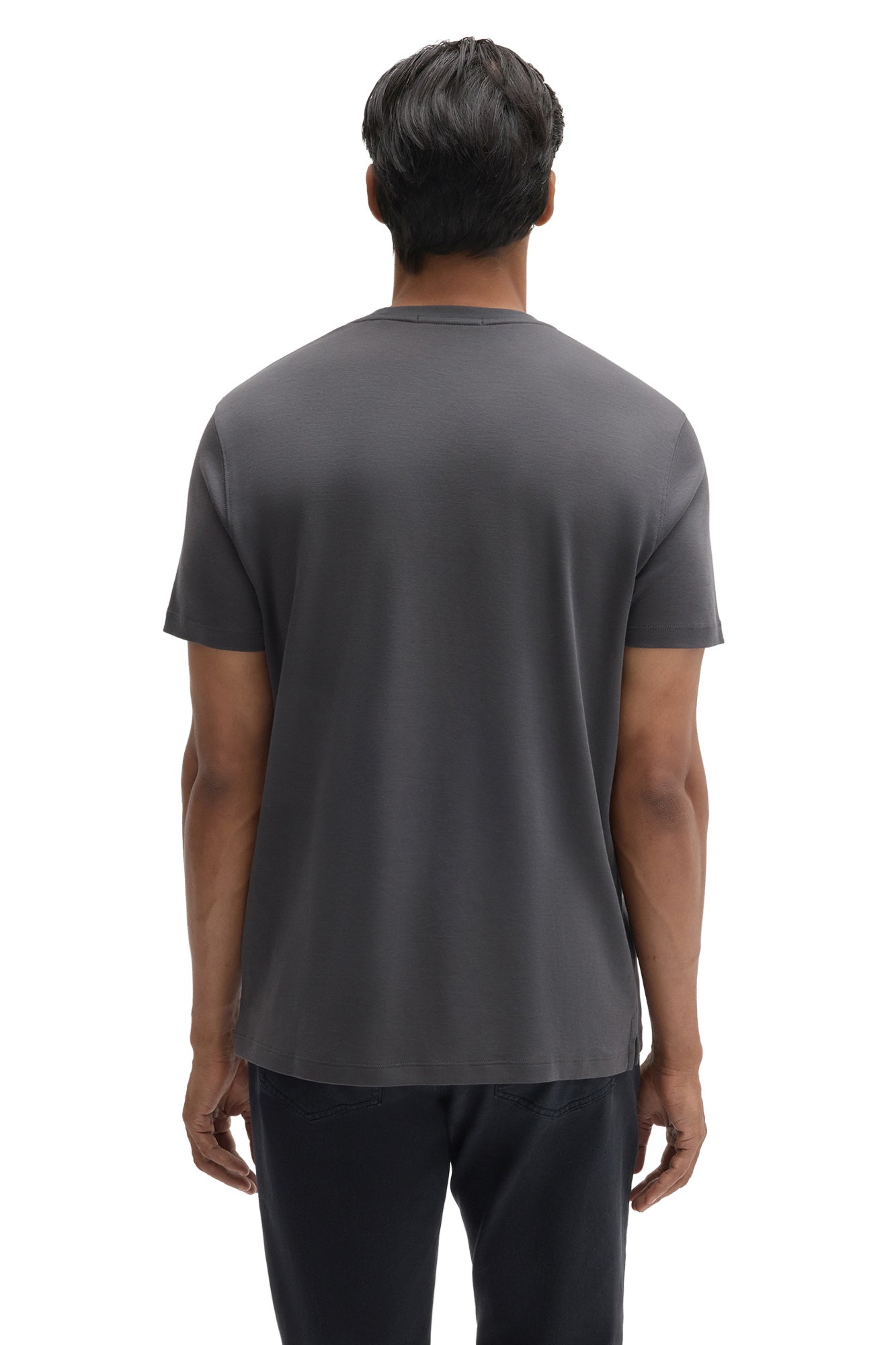 Back view of men's charcoal gray short sleeve crewneck T-Shirt with straight hem and shoulder seams by Robert Barakett