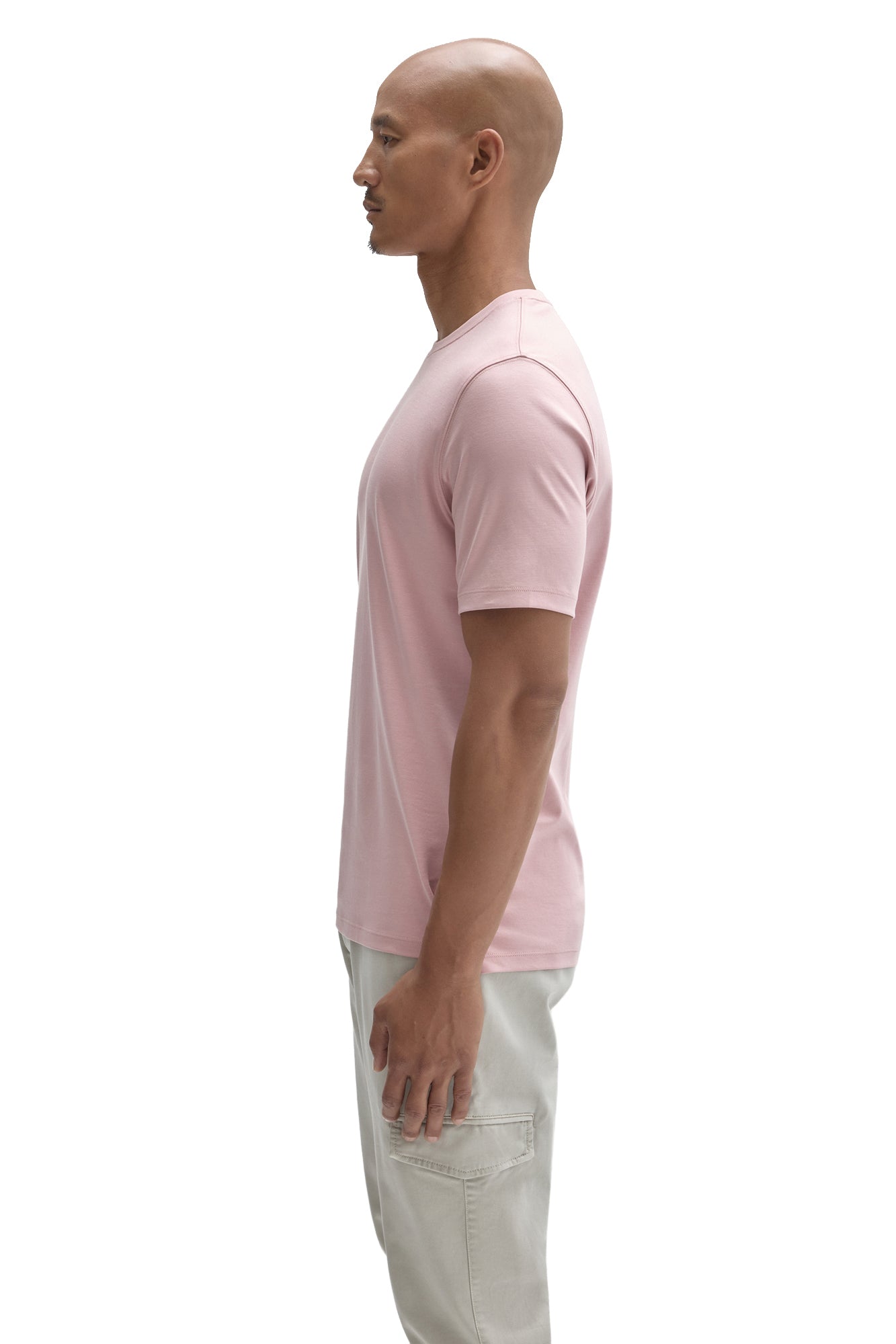Robert Barakett men's light pink crewneck Short-sleeve T-Shirt showing, shoulder seam, and straight fit, side view