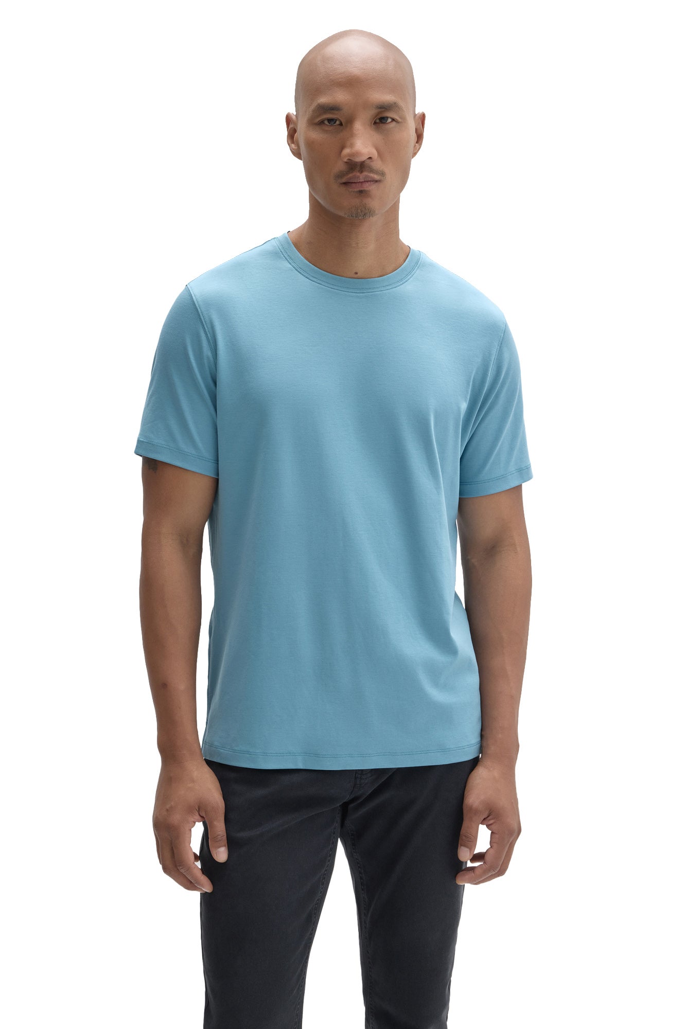 Robert Barakett men's light blue short sleeve crewneck T-Shirt with straight hem shown from the front
