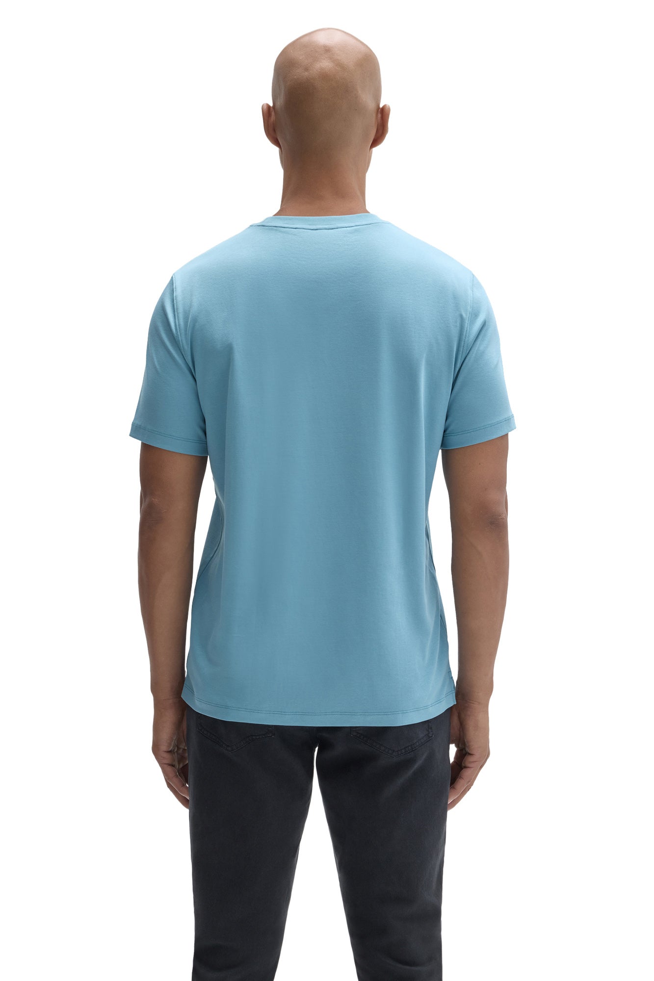 Robert Barakett men's light blue Short-sleeve T-Shirt with crew neck and straight hem shown from the back