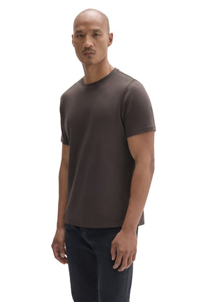 Robert Barakett men's angled model view of a dark taupe brown short sleeve crewneck T-Shirt with plain front, side view