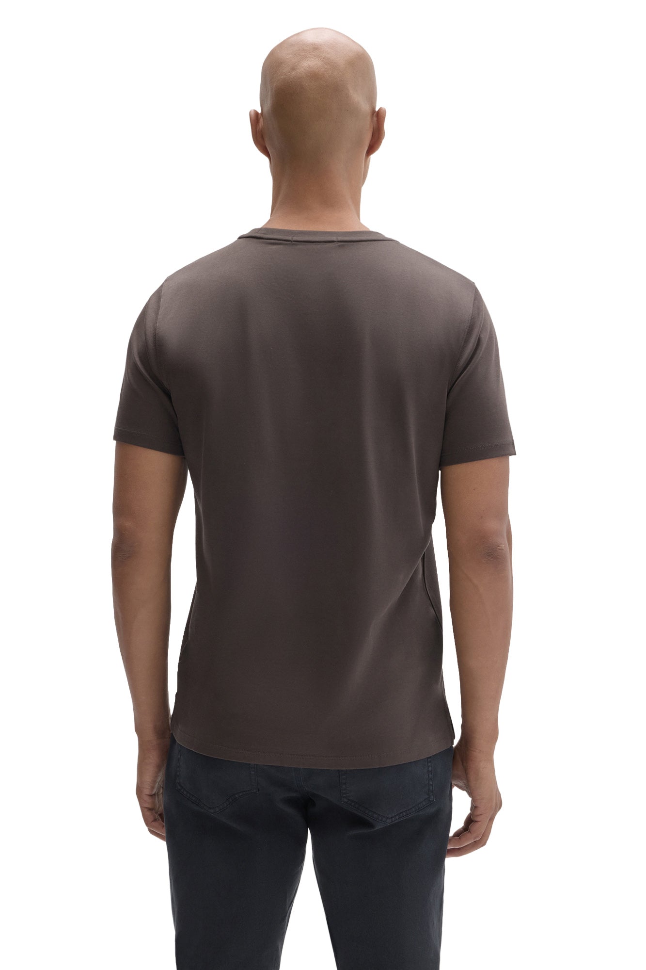 Robert Barakett men's dark taupe brown short sleeve crewneck T-Shirt with a straight hem shown from the back