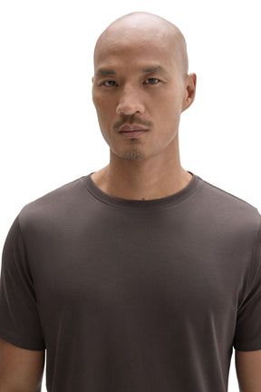 Men's close front view of a dark taupe brown crewneck Short-sleeve T-Shirt with tonal neck stitching by Robert Barakett