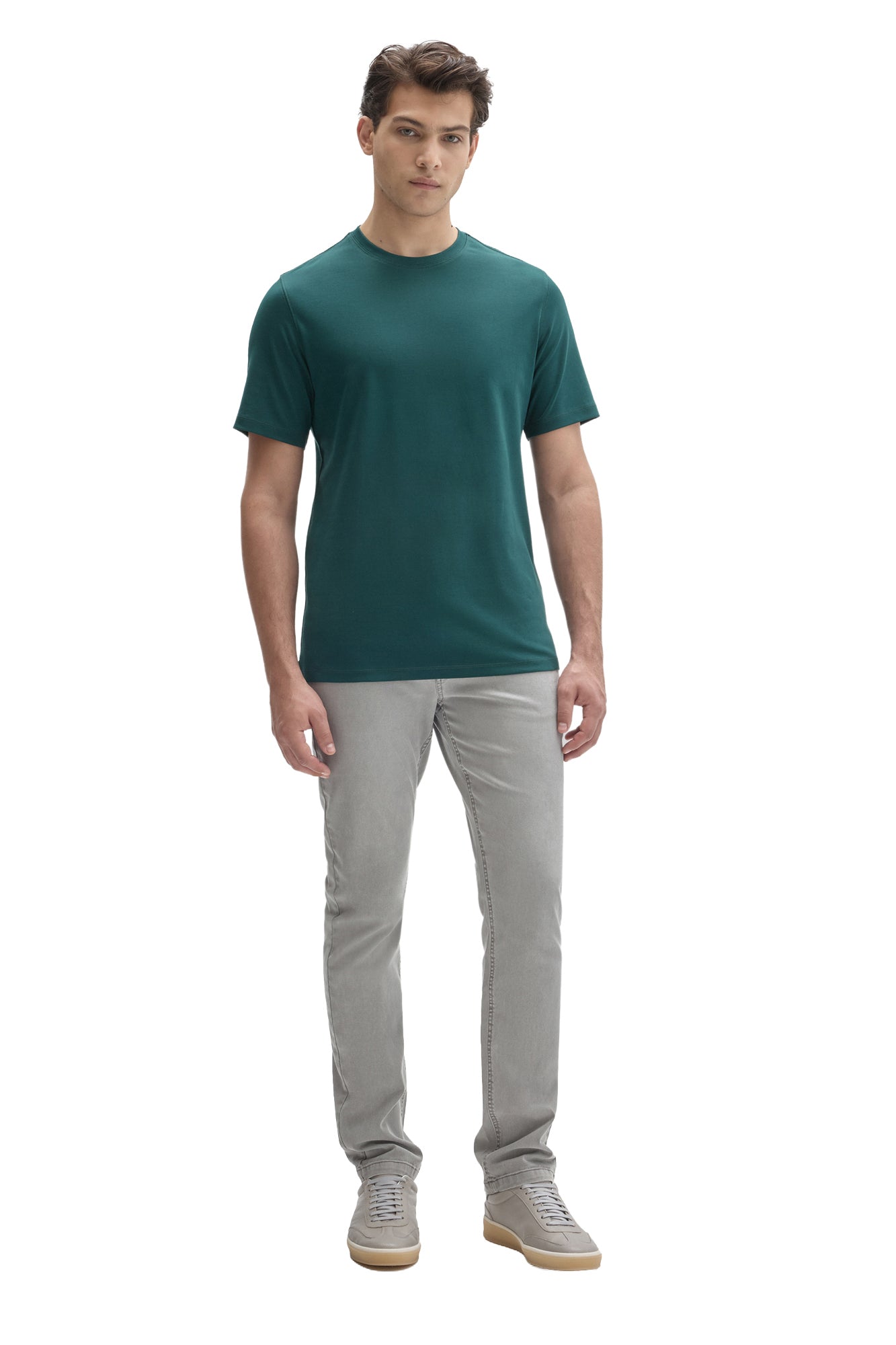 Robert Barakett men's full front model view of a teal short sleeve crewneck T-Shirt worn with light gray pants