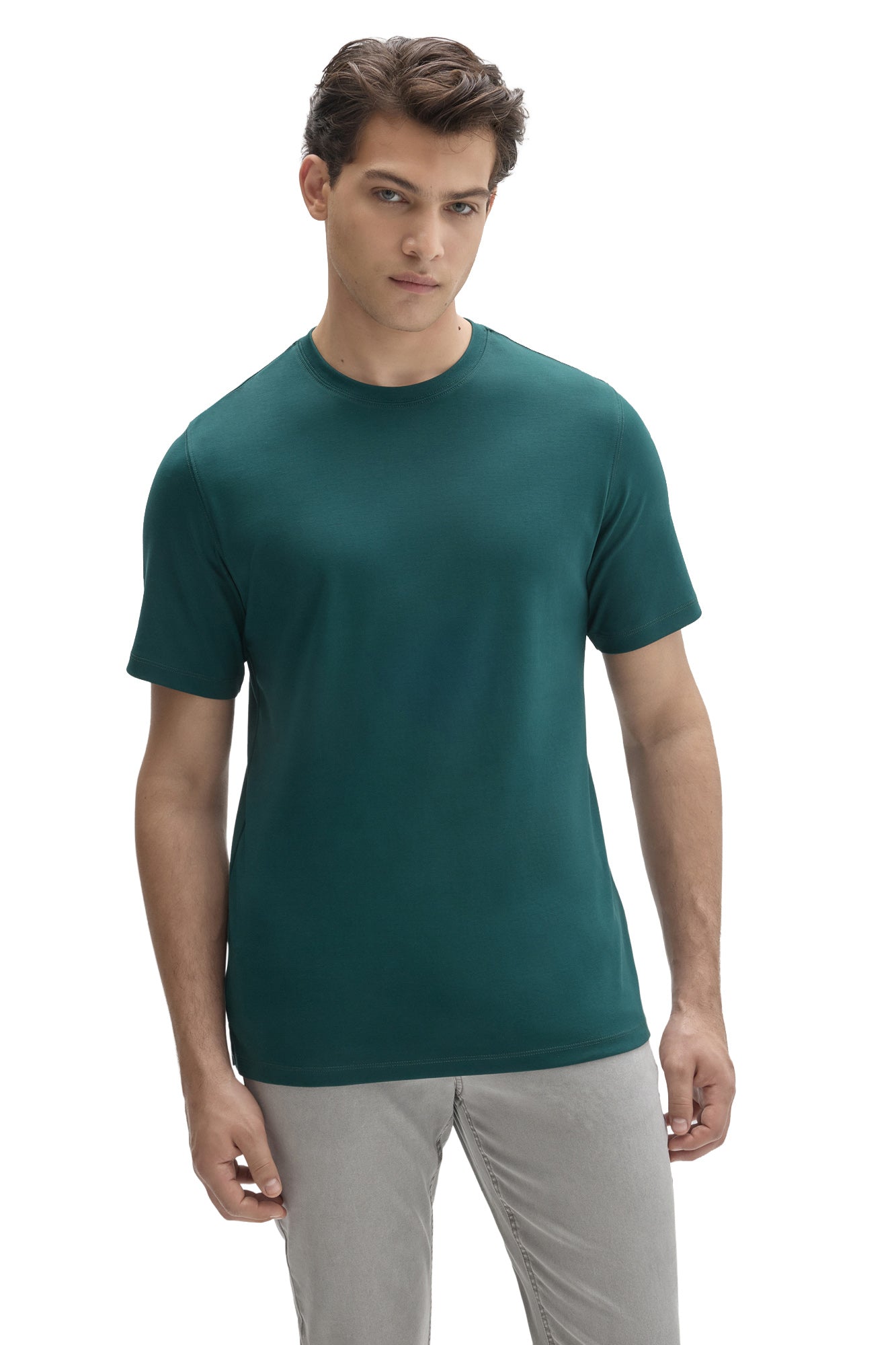 Robert Barakett men's teal short sleeve crewneck T-Shirt with tonal stitching and straight hem, front view