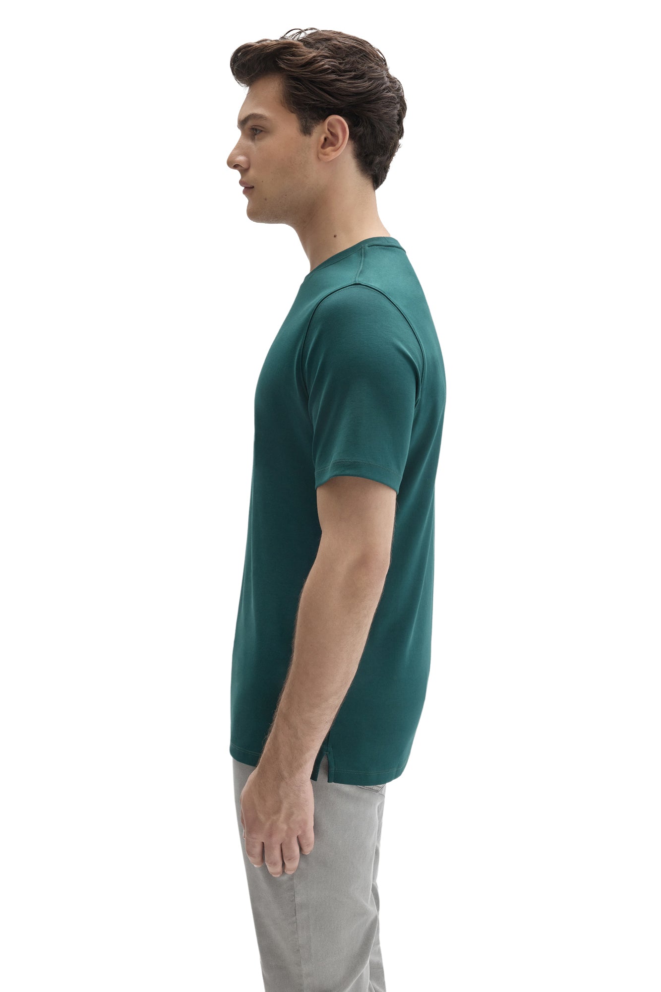 Robert Barakett men's teal crewneck Short-sleeve T-Shirt showing the small side hem slit, side view