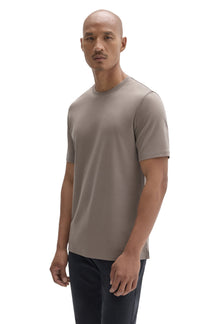 Robert Barakett men's taupe grey short sleeve crewneck T-Shirt on model, front angled view with straight hem