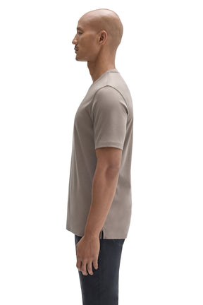 Robert Barakett men's taupe grey short sleeve crewneck T-Shirt showing sleeve seam and small hem vent, side view