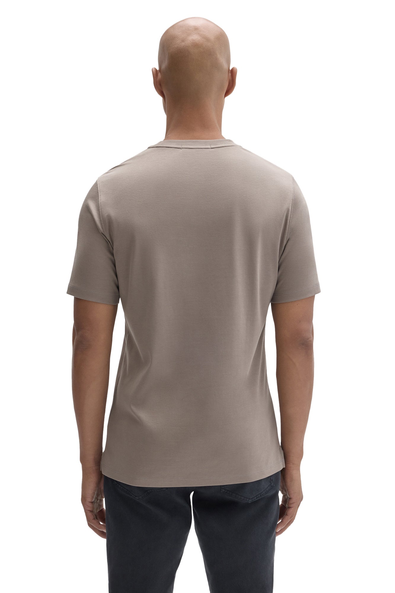 Robert Barakett men's taupe grey short sleeve crewneck T-Shirt with straight hem and shoulder seams, back view