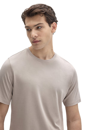 Robert Barakett men's close front view of light taupe crewneck Short-sleeve T-Shirt showing collar stitching