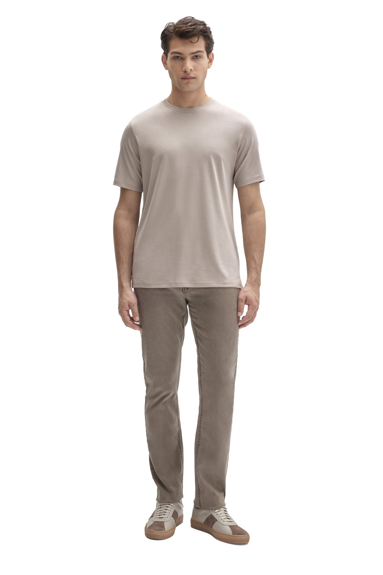 Robert Barakett men's full front view of light taupe short sleeve crewneck T-Shirt styled with neutral pants