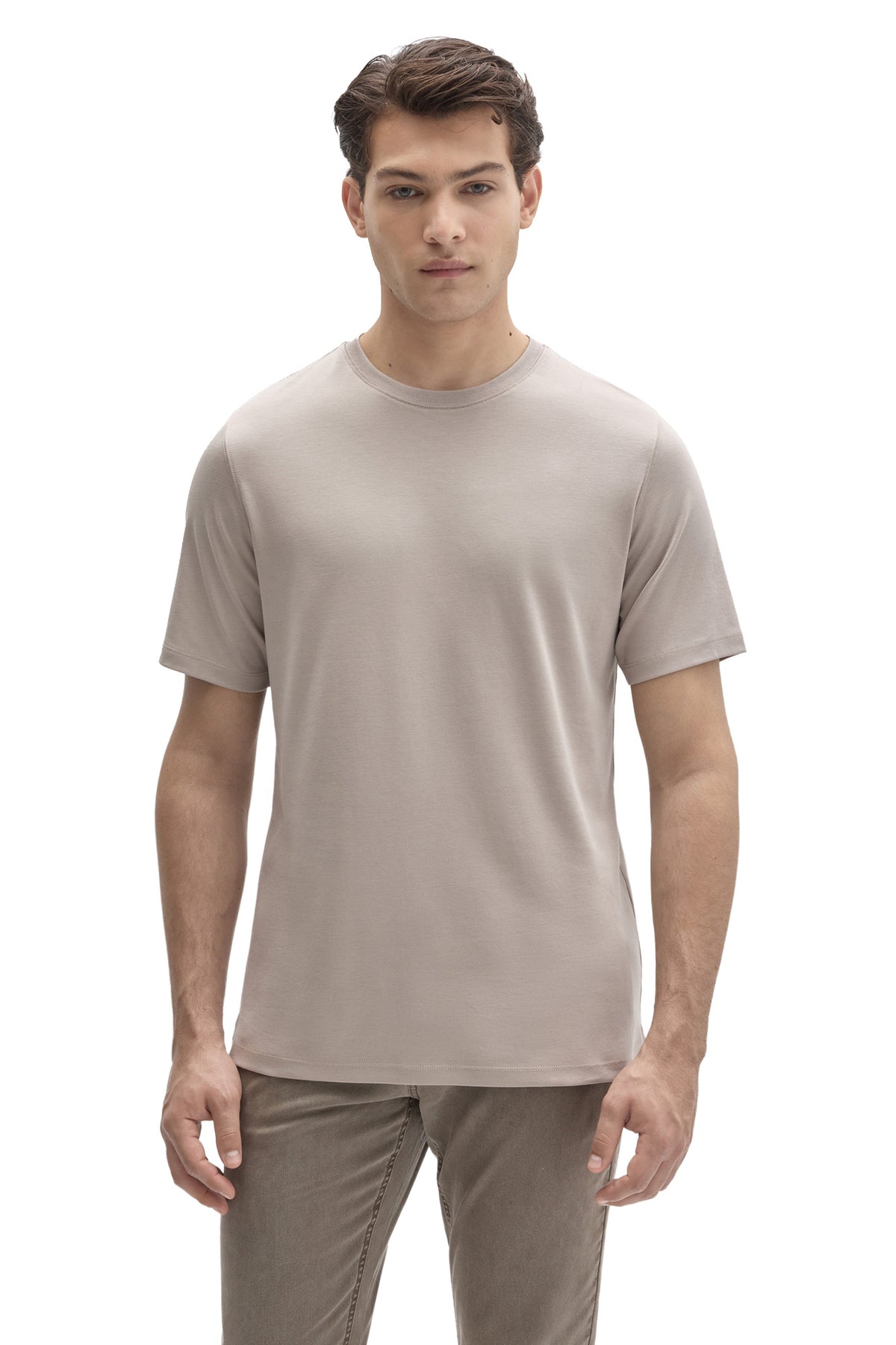 Robert Barakett men's light taupe short sleeve crewneck T-Shirt with straight stitched hem, front waist-up view