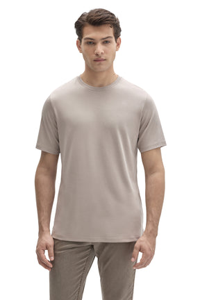 Robert Barakett men's light taupe short sleeve crewneck T-Shirt with straight stitched hem, front waist-up view