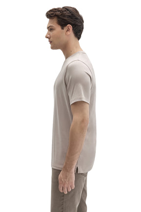 Robert Barakett men's light taupe short sleeve crewneck T-Shirt with tonal seams and side hem slit, side view