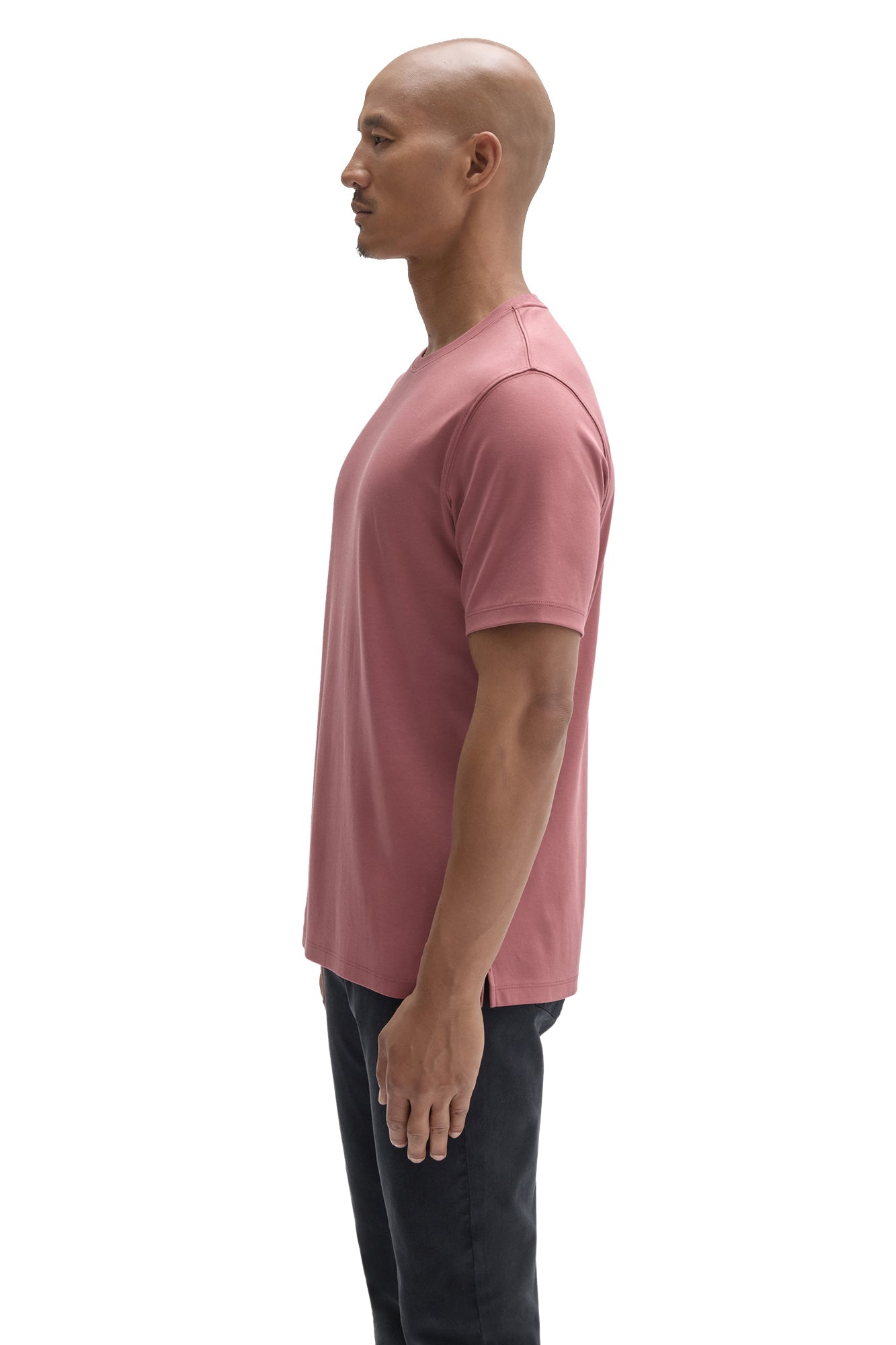 Robert Barakett men's dusty pink crewneck Short-sleeve T-Shirt showing, shoulder seam, and straight hem, side view