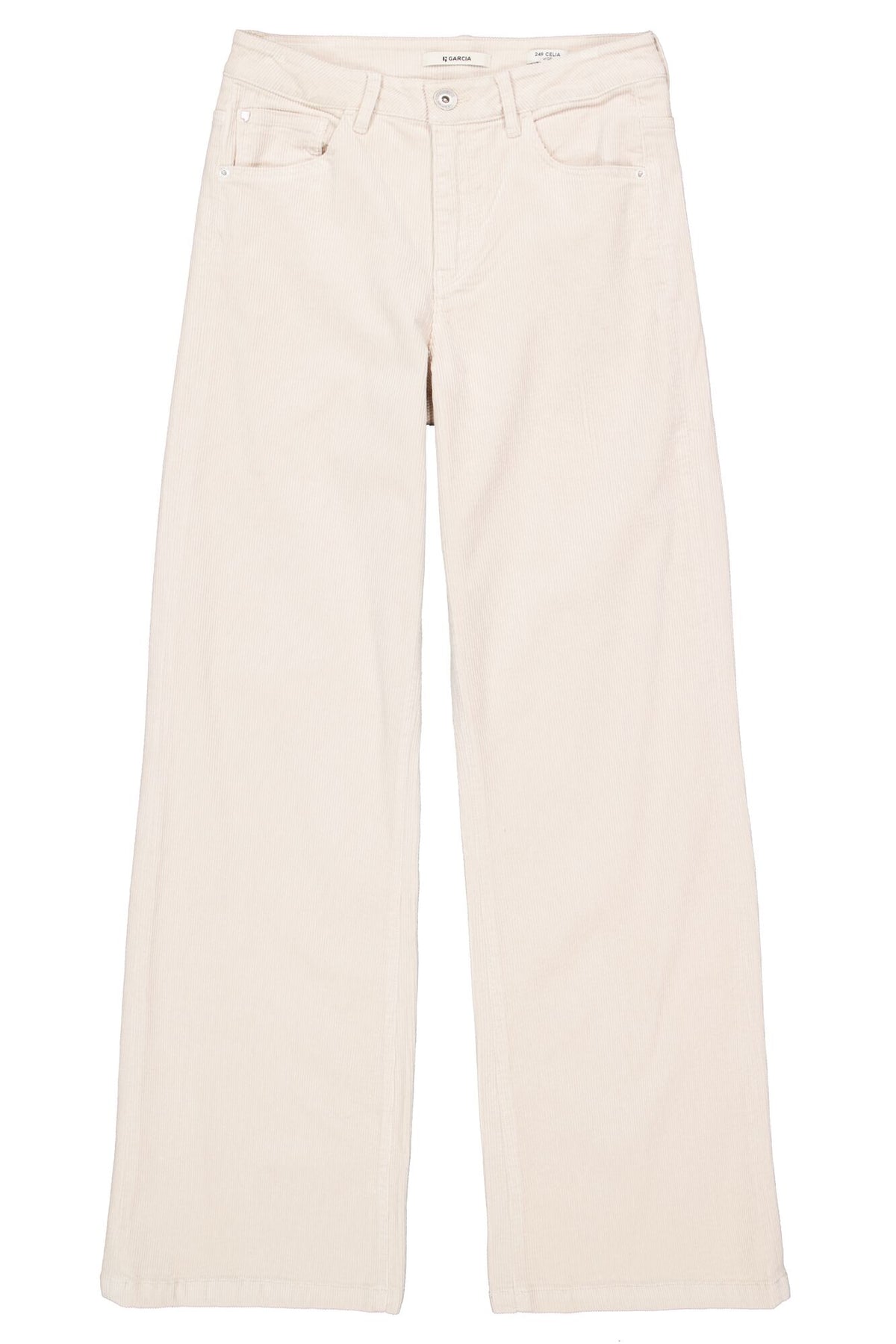 Jean à jambe large ample en velours côtelé crème, vue de face à plat avec poches et bouton métal pour femme par Garcia
