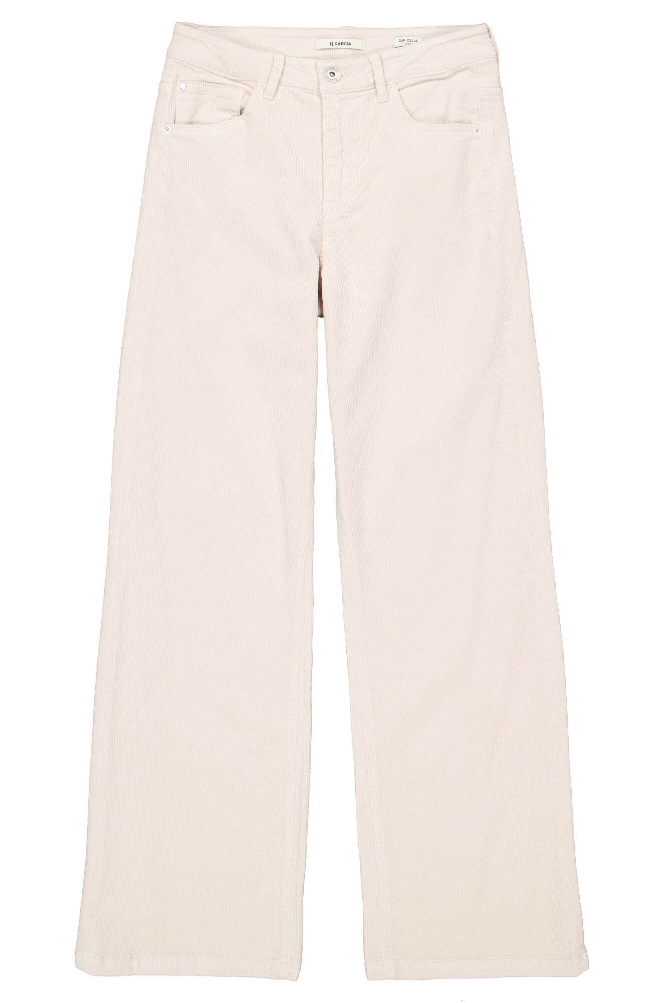Jean à jambe large ample en velours côtelé crème, vue de face à plat avec poches et bouton métal pour femme par Garcia