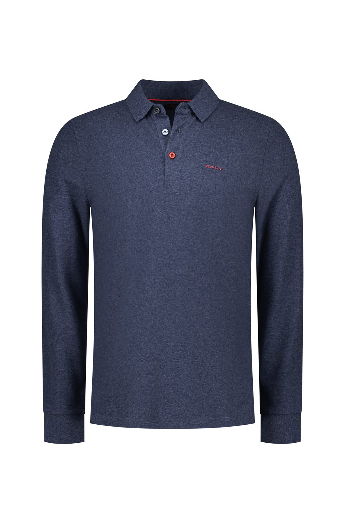 Polo marine à manches longues de face avec boutons contrastants et poignets côtelés, vue produit pour homme par NZA