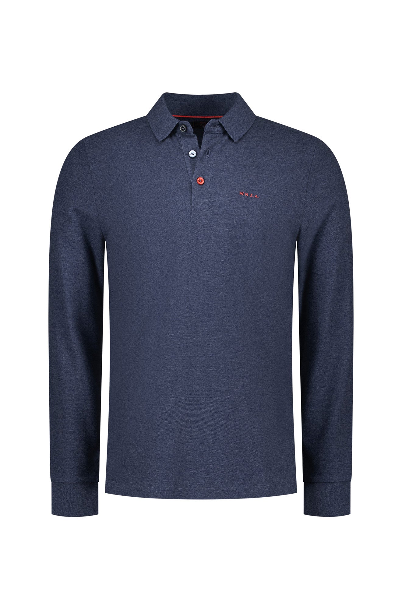 NZA men's navy long sleeve polo shirt front view with contrast buttons, ribbed cuffs, and small red chest logo