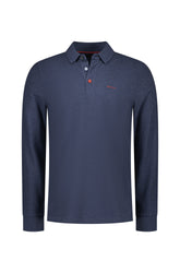NZA men's navy long sleeve polo shirt front view with contrast buttons, ribbed cuffs, and small red chest logo