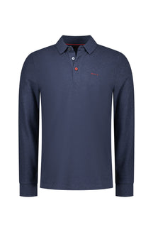 NZA men's navy long sleeve polo shirt front view with contrast buttons, ribbed cuffs, and small red chest logo