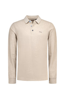 Men's front isolated view of a beige long sleeve polo with rib cuffs, button placket, and small chest logo by NZA