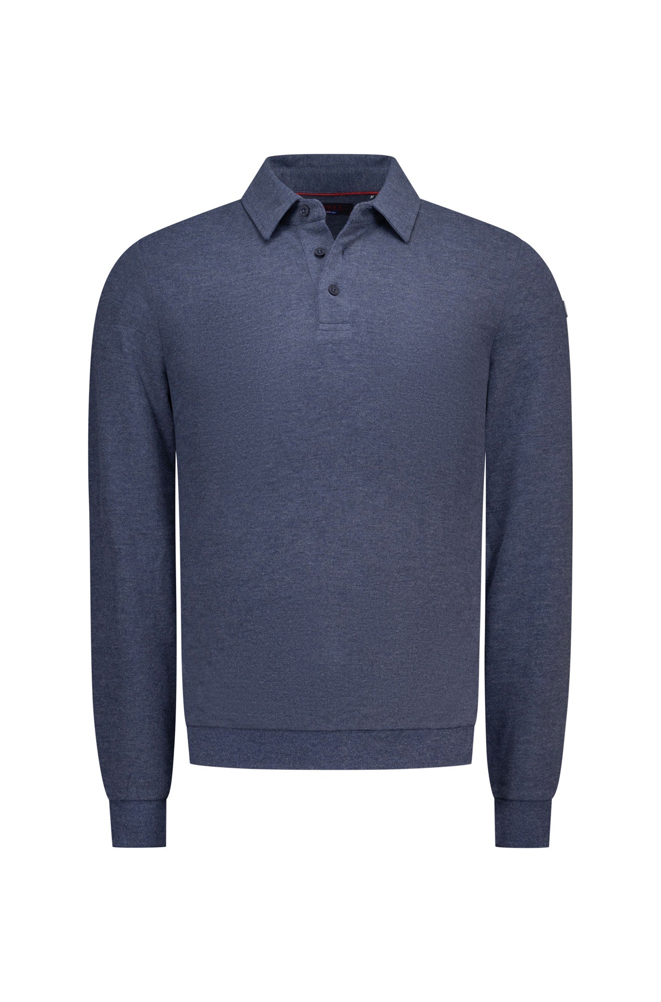 NZA men's front isolated view of a heathered blue long sleeve polo with three-button placket and ribbed cuffs